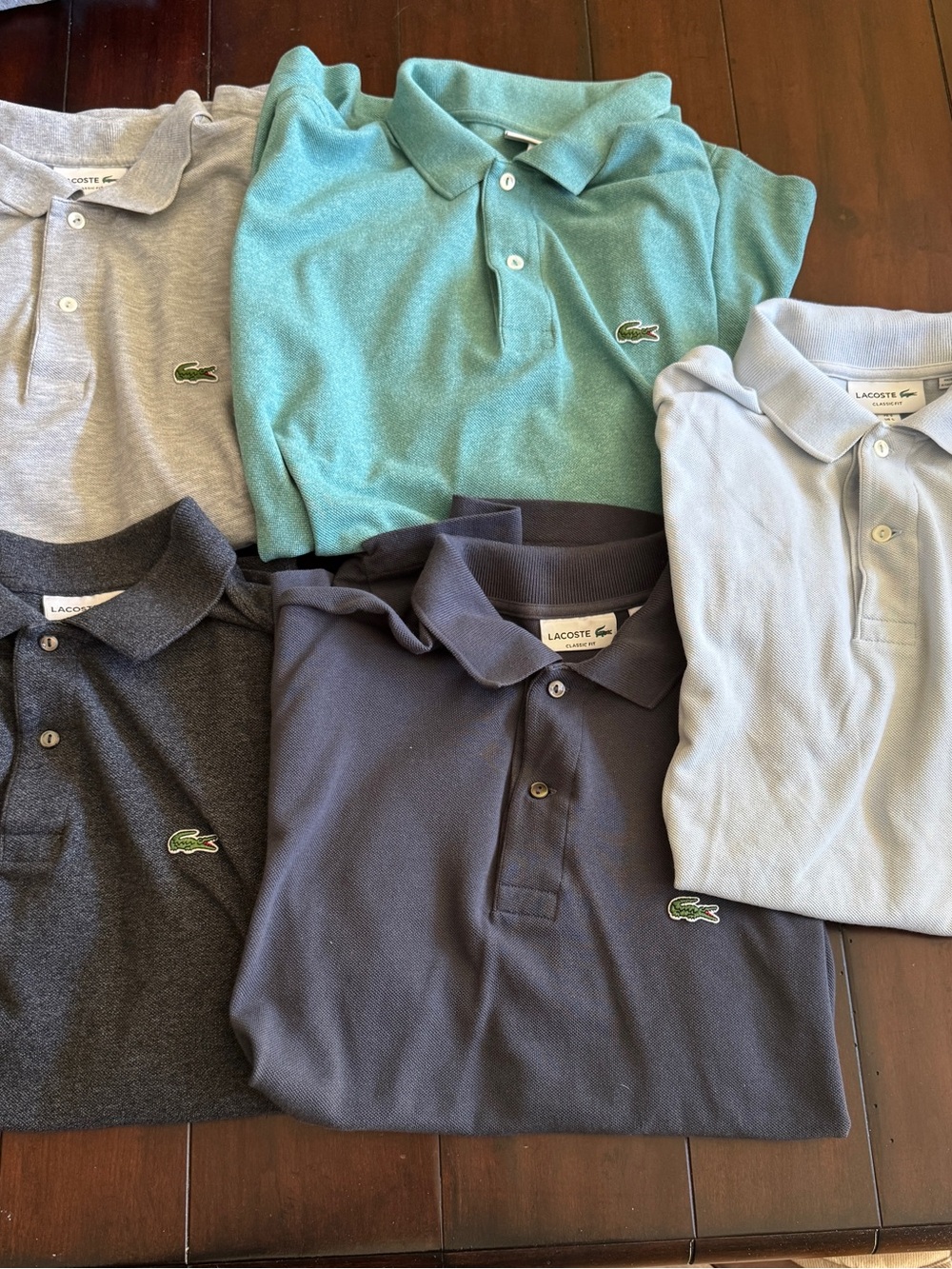 Lacoste Polo Shirt Lot of 5 Light Blue, Teal, Gray, Navy, Charcoal
